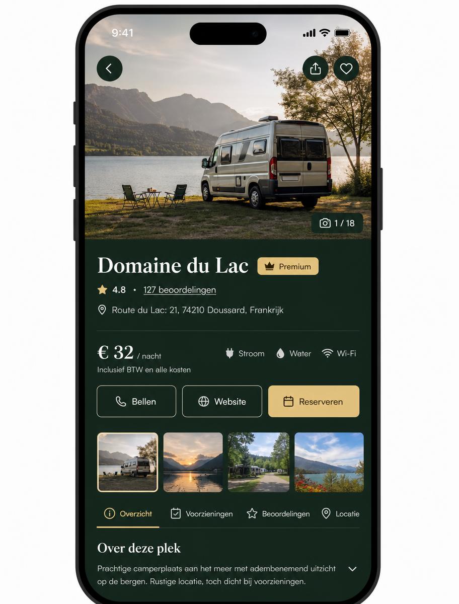 Voorbeeld van een Premium vermelding met fotogalerij, boekingsknop en contactgegevens